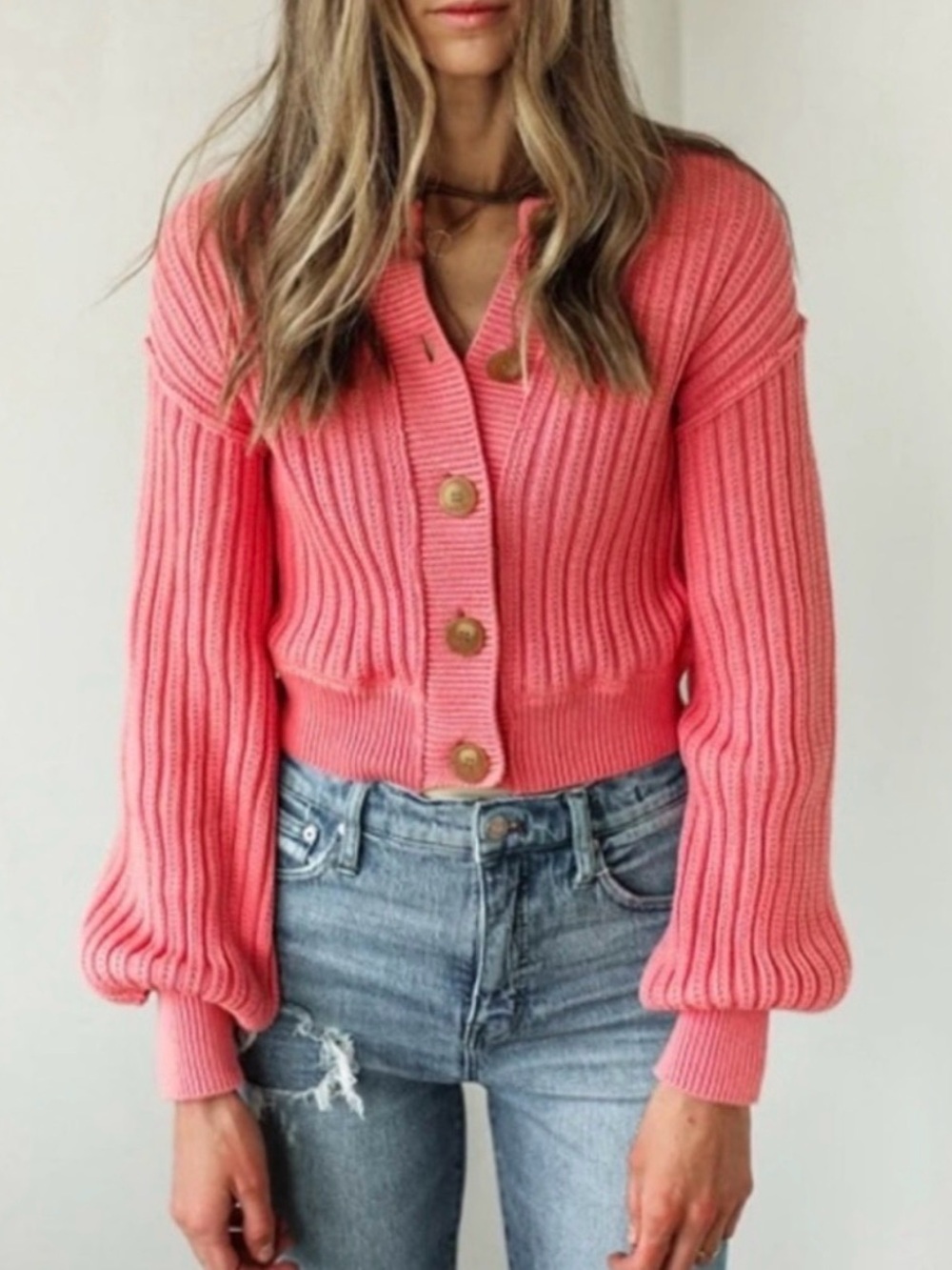 Free People All Yours Cropped Chunky Ribbed Button-Front Cardigan Bubblegum Pink